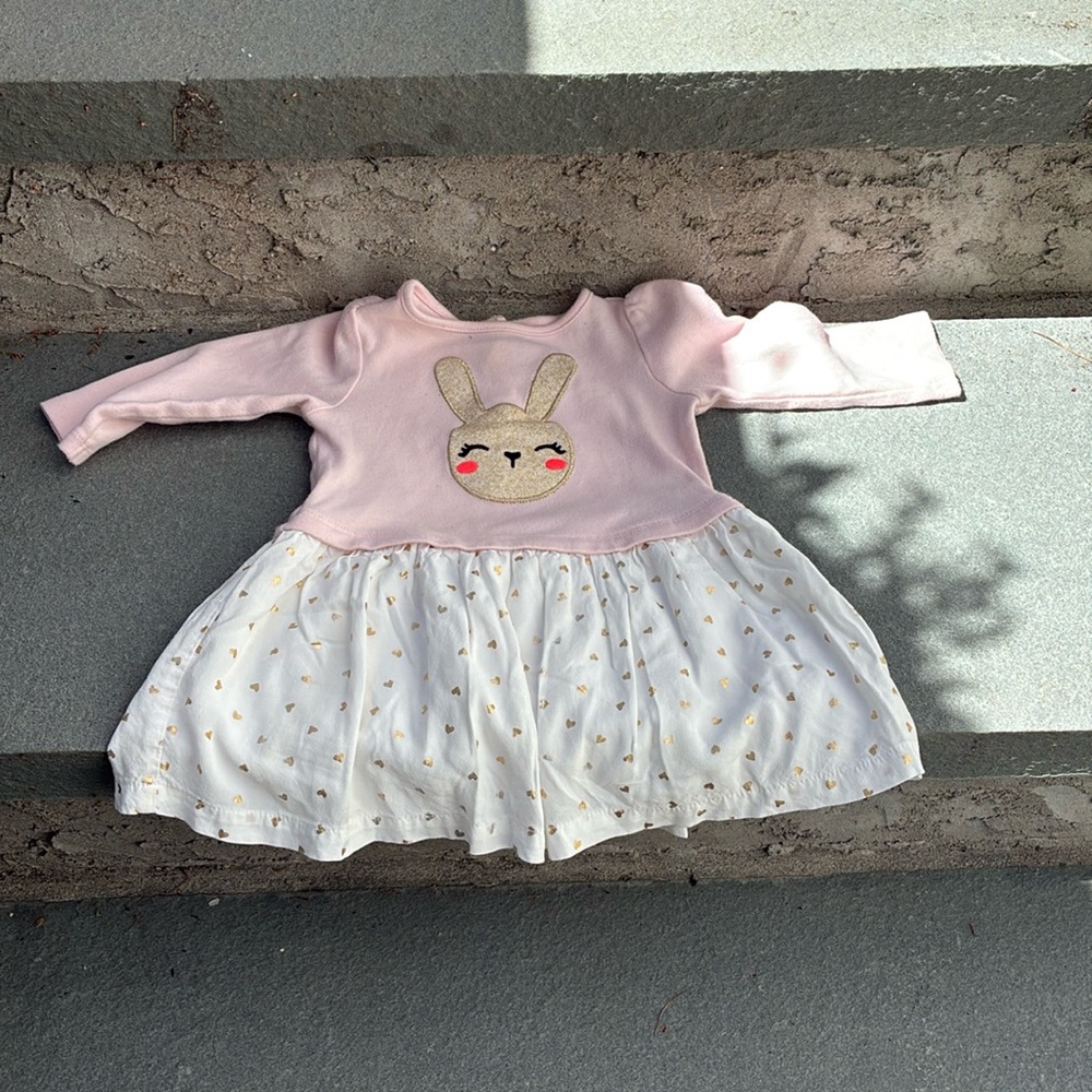 Retro Gymboree Pink and Gold Glittery Babydoll Bunny Dress Sz 6 -12 Mo